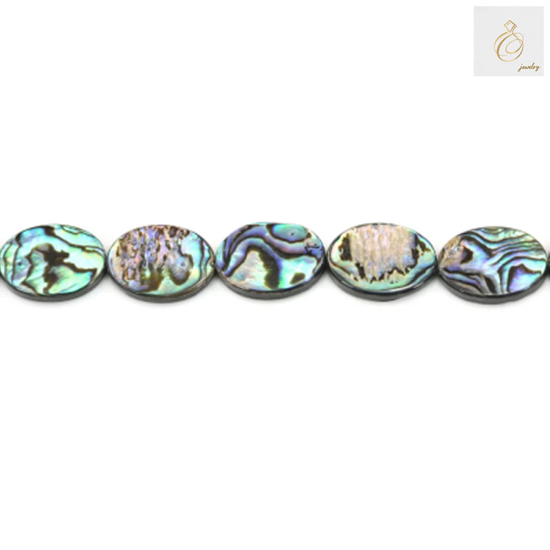 Natural abalone paua shell oval beads, 12x16mm size, arranged in a strand showing iridescent colors and smooth finish, perfect for jewelry making