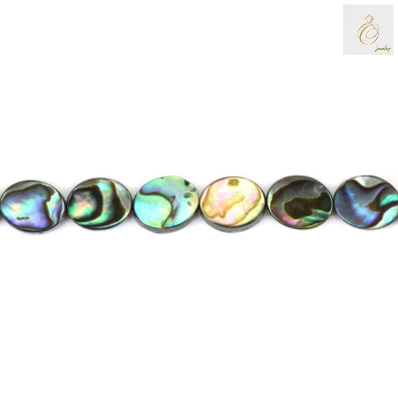 Natural abalone paua shell beads in oval shape, 8x10mm size, showing iridescent colors and smooth finish, arranged in a strand of approximately 40 pieces for jewelry making
