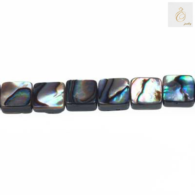 Natural abalone paua shell square beads strand, 10x10mm size, showing iridescent rainbow colors perfect for jewelry making