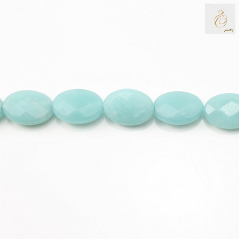 Natural amazonite faceted oval beads 10x14mm on white background"
"Blue-green amazonite gemstone beads strand 39-40cm length"
"Faceted amazonite oval beads for jewelry making