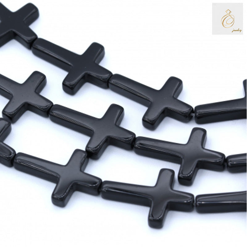 Black Agate Cross - 22x30mm Spiritual Jewelry Strand