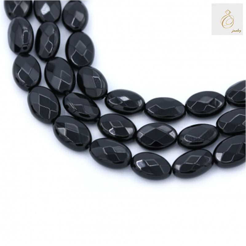 Black agate faceted oval beads 8x12mm close-up view