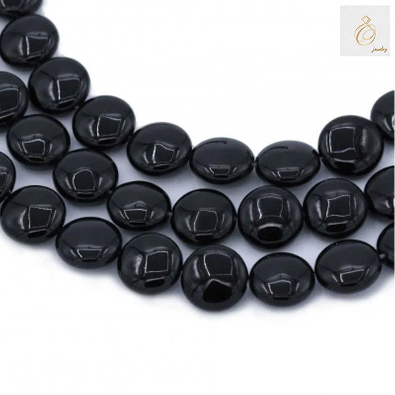 Black Agate Flat Round Gemstone Beads - 12mm size, 38-40cm strand length, showing multiple loose beads with glossy finish