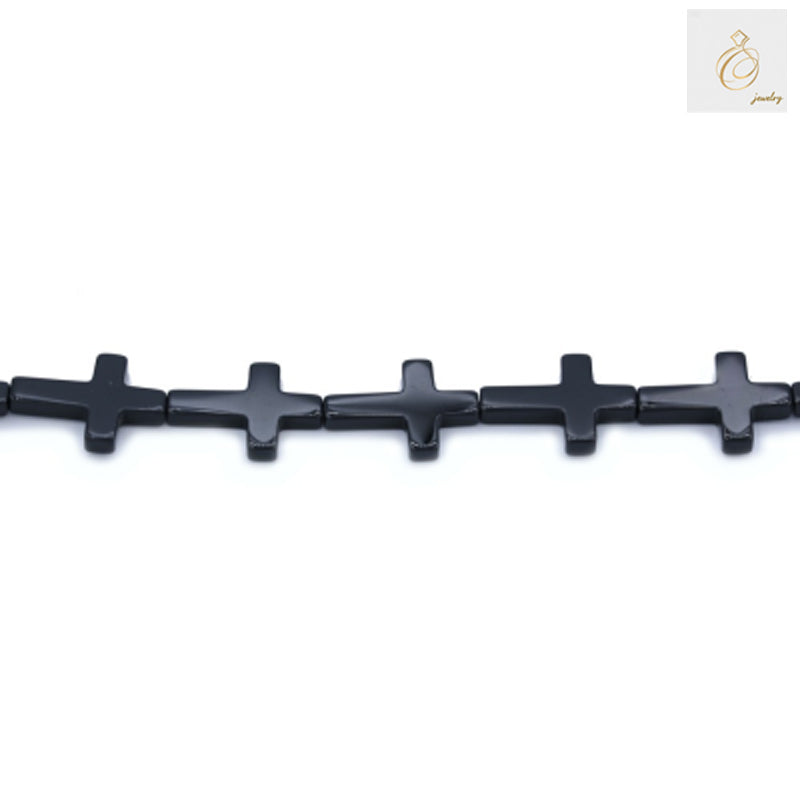 Black Agate Cross beads strand 38-40cm length displaying natural black agate gemstone quality and cross design