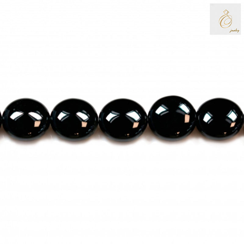 Black Agate Flat Round Gemstone Strand - 12mm beads in a row displaying high polish and uniform shape