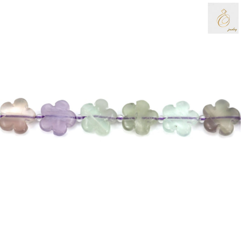 Close-up view of fluorite flower pattern beads showing natural color variations"
"Fluorite gemstone beads strand 39-40cm length with 1mm holes