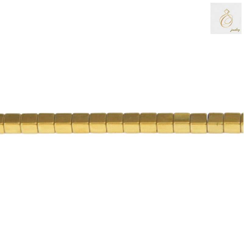 Golden hematite cube beads 2mm with 0.8mm holes on 39-40cm strand, showing metallic golden finish and precise geometric cube shape for jewelry making