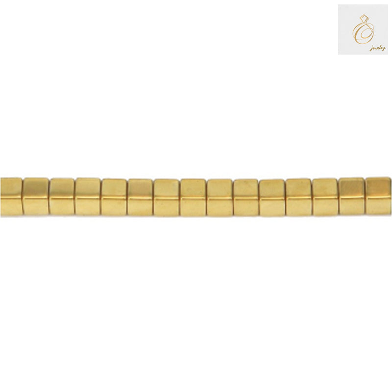 Golden hematite cube beads 4mm with 1mm holes arranged on a strand, showing metallic golden finish and precise geometric cube shape for jewelry making