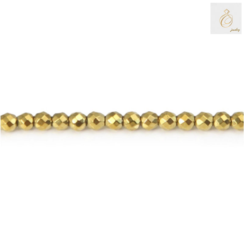 Golden hematite faceted round beads, 3mm diameter with 0.8mm holes, arranged on a 39-40cm strand showing metallic luster and precise faceted cuts