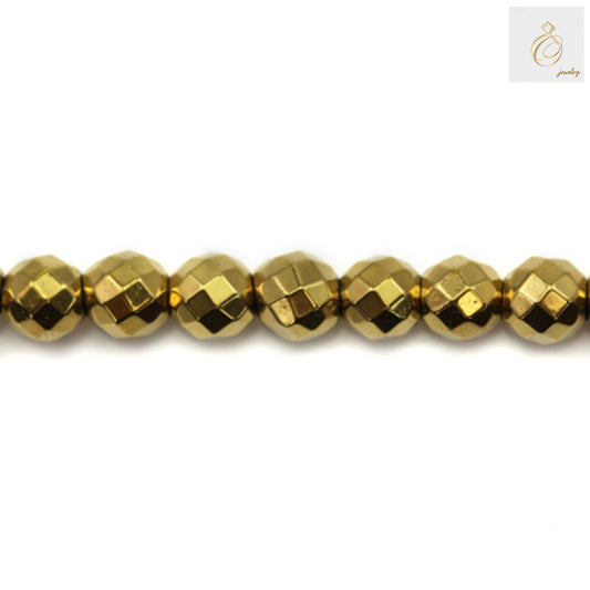 Golden hematite faceted round beads 6mm diameter showing metallic luster and uniform shape