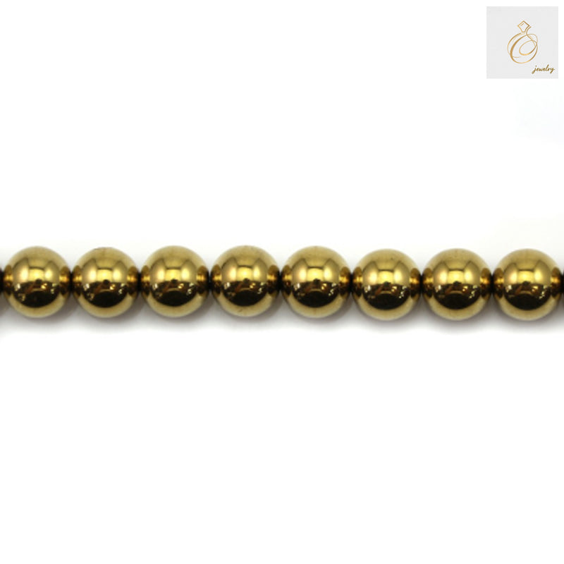 Golden hematite round beads 12mm diameter arranged in a strand, showing lustrous golden metallic finish and uniform spherical shape