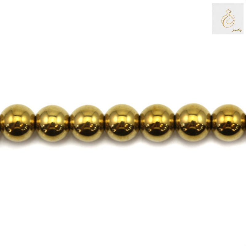 Golden hematite round beads 4mm diameter on strand - close-up view showing lustrous metallic finish and uniform size
