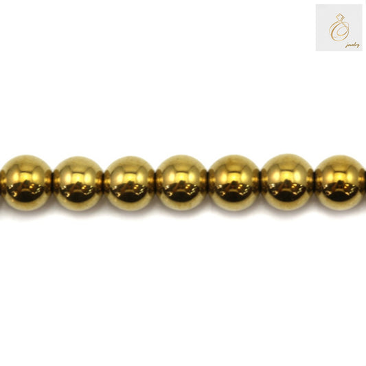 Golden hematite round beads 4mm diameter on strand - close-up view showing lustrous metallic finish and uniform size