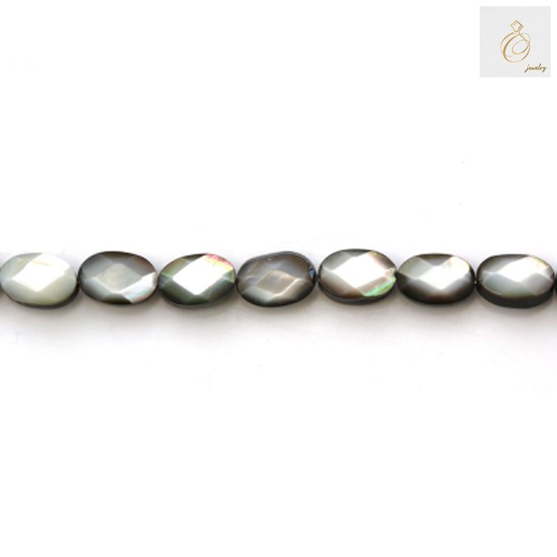 Grey mother of pearl shell beads strand showing faceted oval beads 6x9mm size with natural lustrous finish