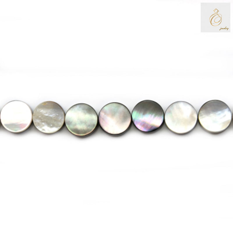 Grey mother of pearl shell beads strand showing flat round 10mm beads with natural lustrous finish