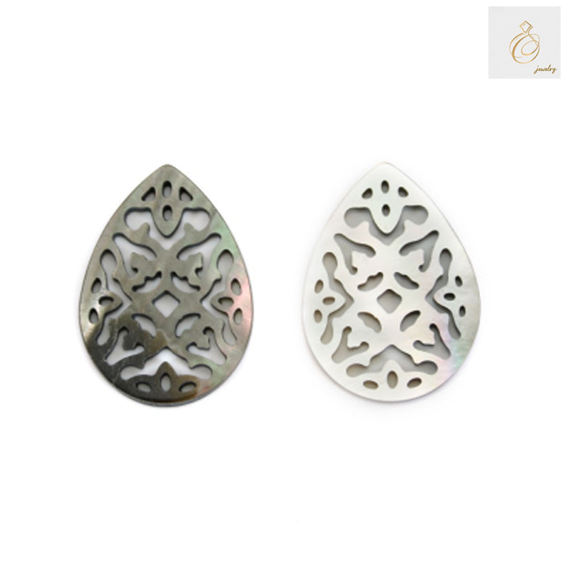 Close-up view of grey mother-of-pearl shell charm teardrop pendant, displaying lustrous surface texture and hollow design