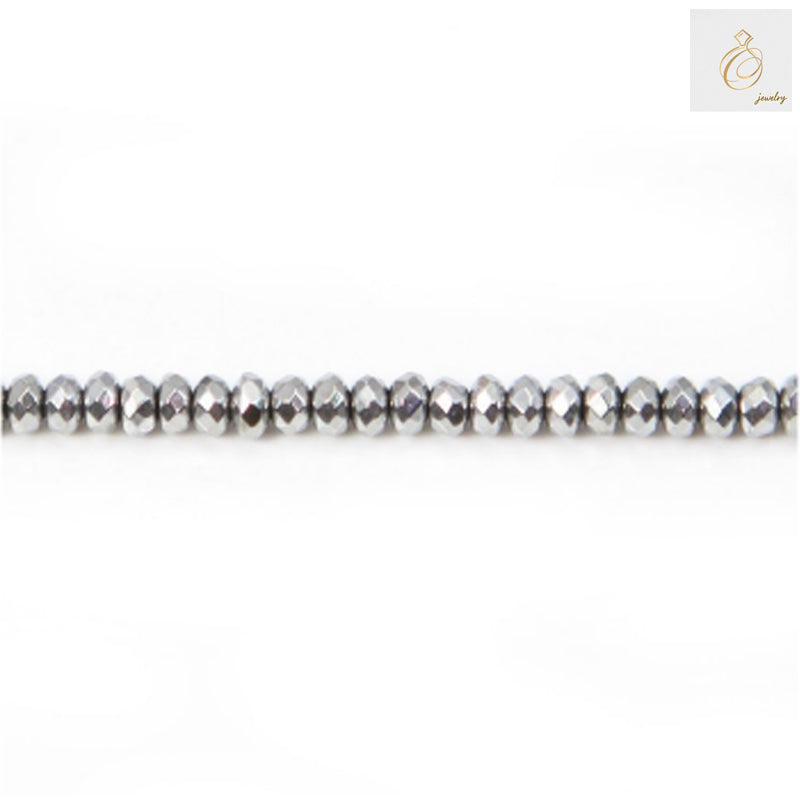 Silver hematite faceted abacus beads 2x4mm arranged on strand showing metallic luster and precise faceted cuts