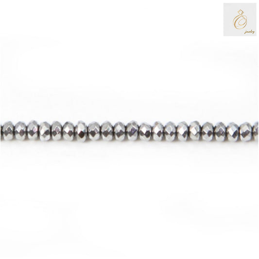 Silver hematite faceted abacus beads 2x4mm arranged on strand showing metallic luster and precise faceted cuts