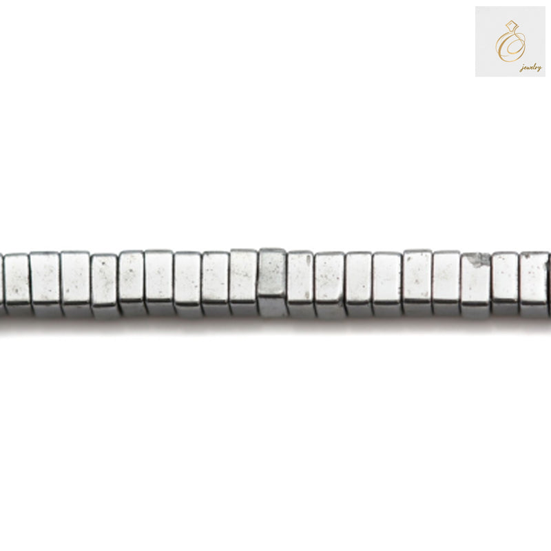 Hematite silver square beads 1x2mm arranged in a strand, showing metallic finish and uniform square shape