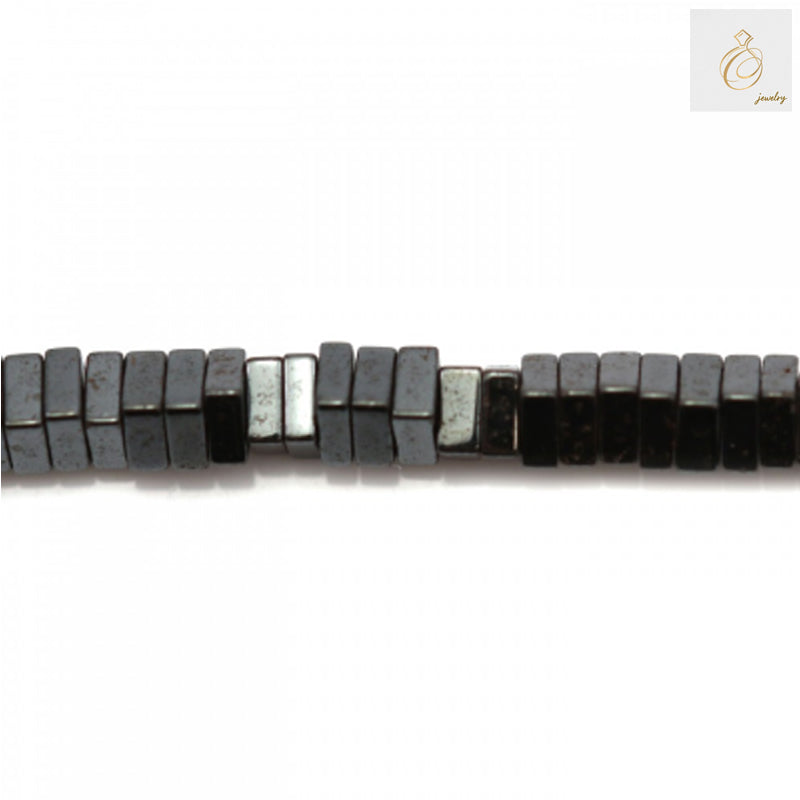 Hematite square beads 1x2mm size showing natural metallic luster and geometric shape
