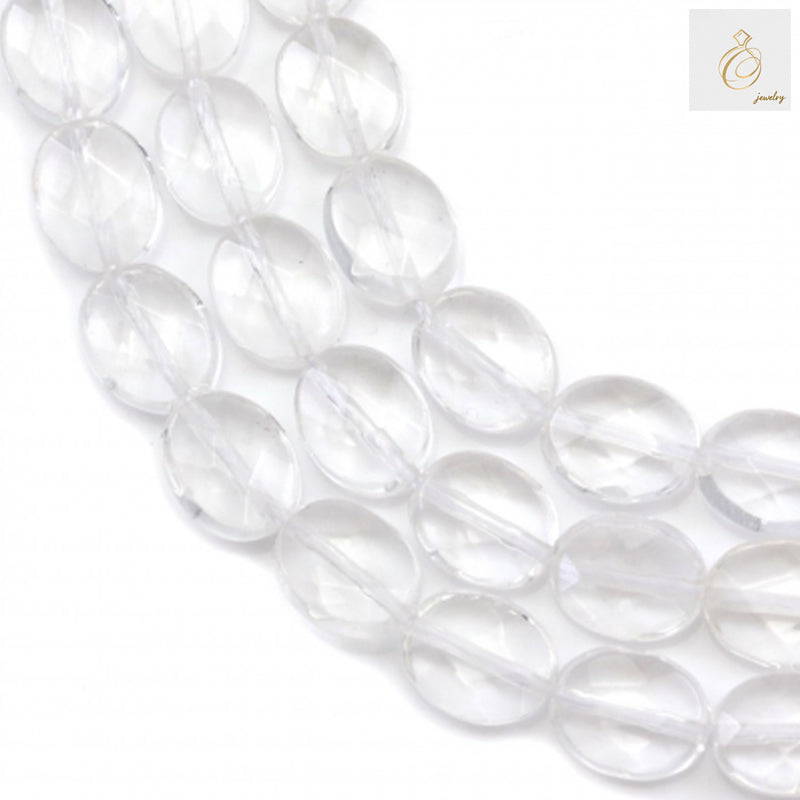 Natural rock crystal beads strand with faceted flat oval shape, 8x10mm size, clear transparent gemstone beads for jewelry making