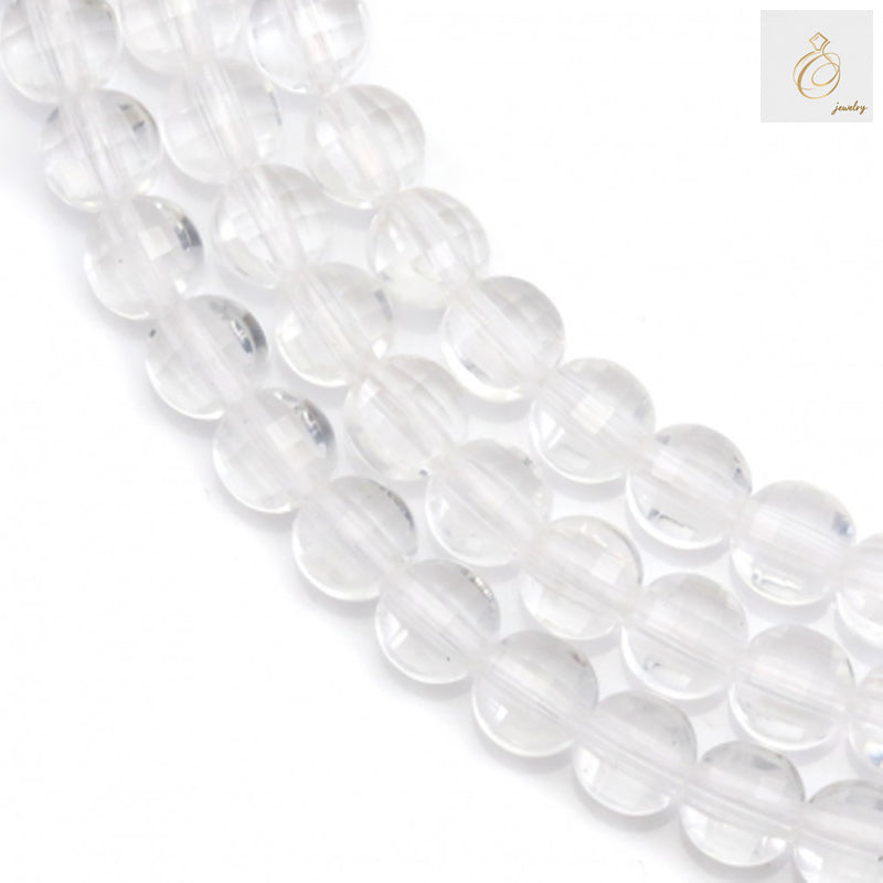 Natural rock crystal beads strand showing 4mm faceted flat round beads with clear transparency