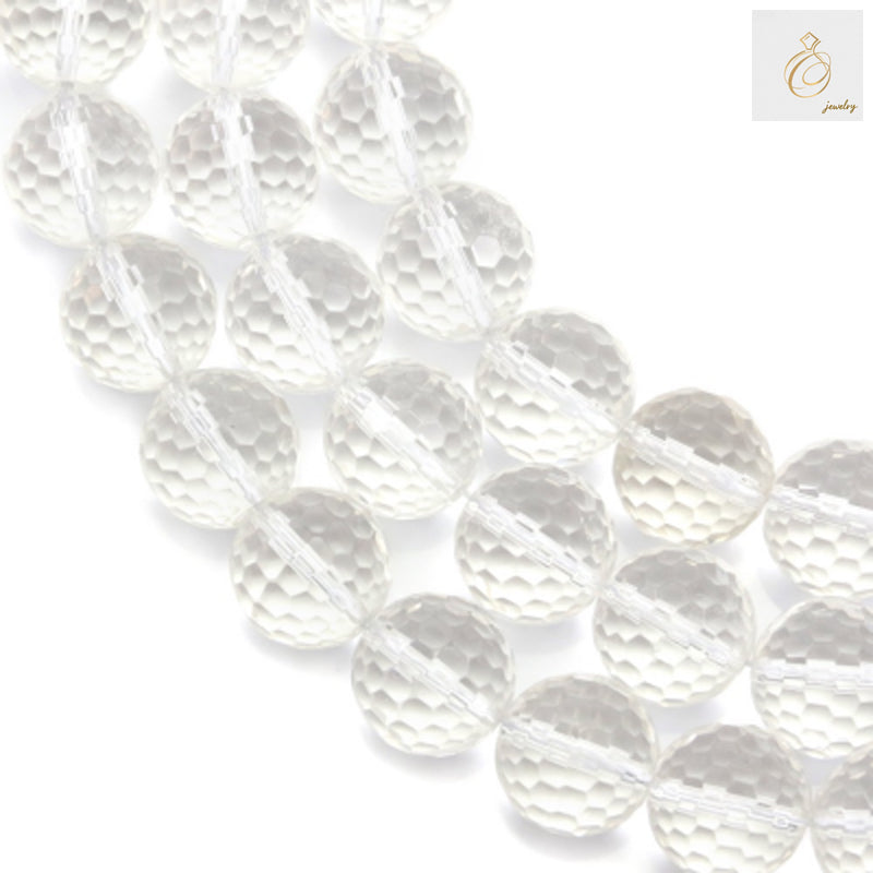 Natural rock crystal beads strand showing 12mm faceted round gemstone beads with clear transparency and brilliant sparkle