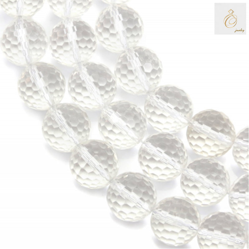 Natural rock crystal beads strand with 14mm faceted round gemstones, clear transparent finish