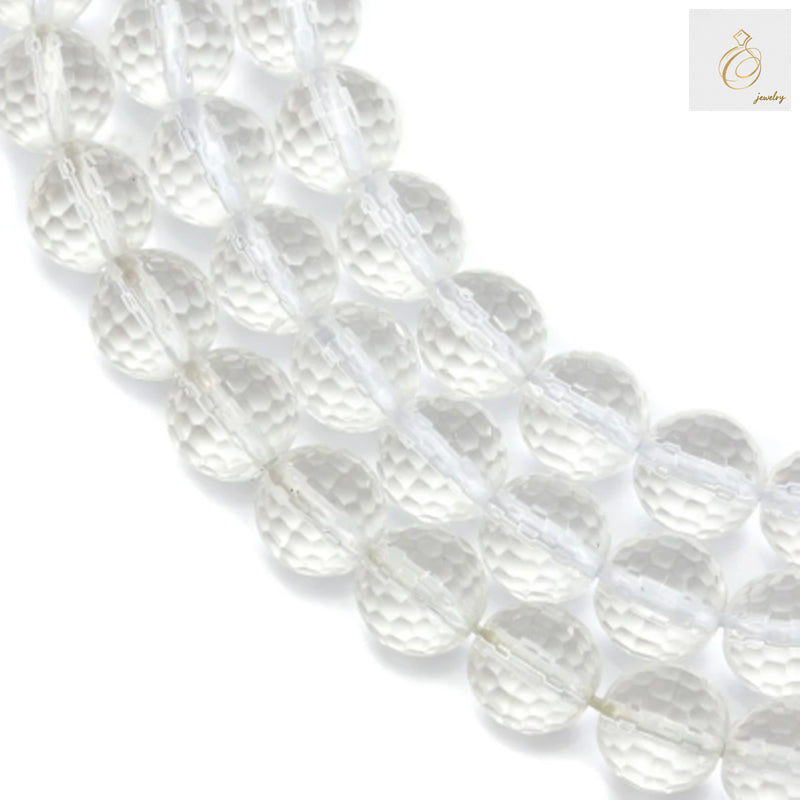 Natural rock crystal beads strand showing 6mm faceted round gemstones with clear transparency and brilliant sparkle
