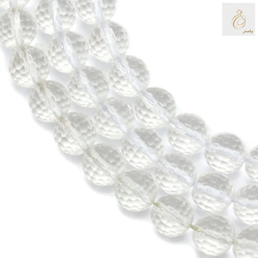 Natural rock crystal beads strand showing 6mm faceted round gemstones with clear transparency and brilliant sparkle