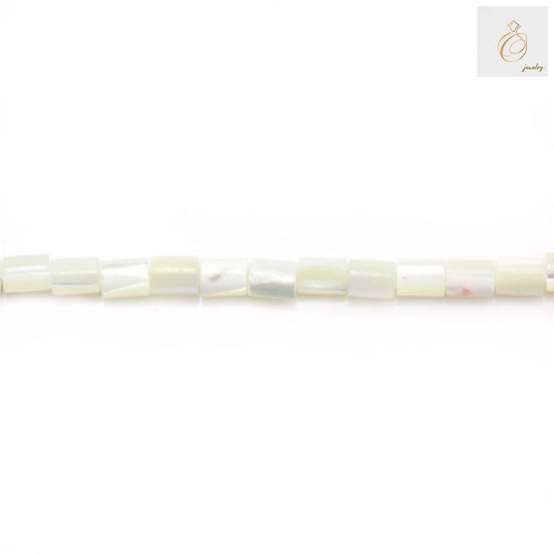 Natural white mother-of-pearl tube beads strand showing 3x5mm column-shaped beads with lustrous finish, approximately 71 beads per strand for jewelry making