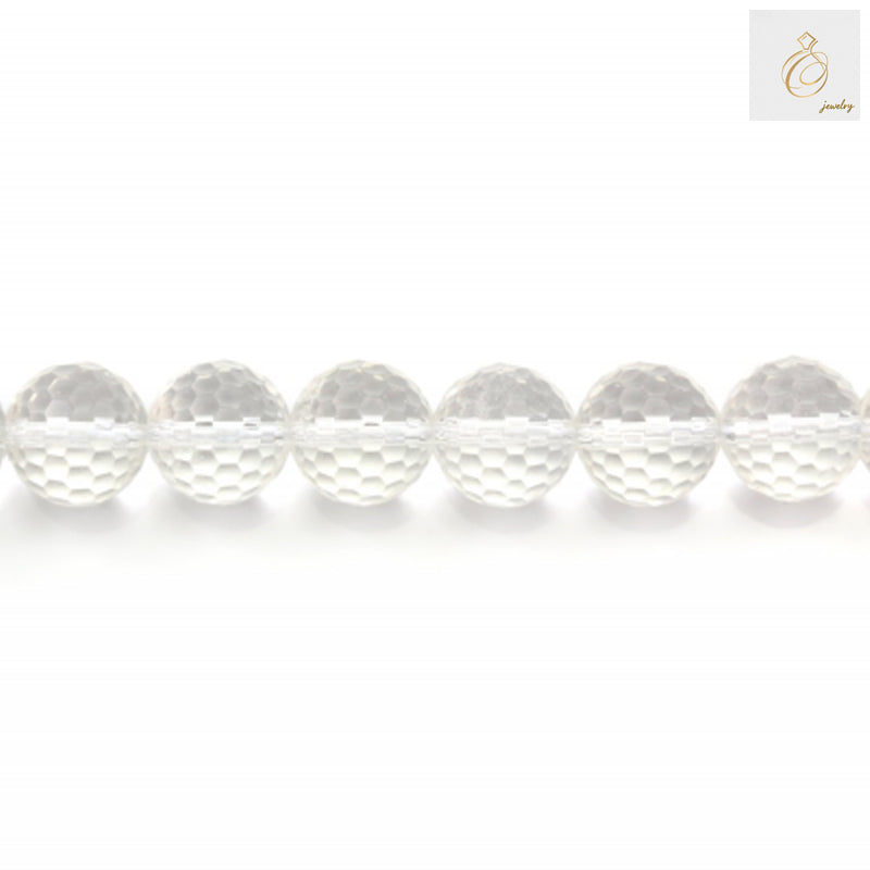 Close-up view of natural rock crystal beads displaying the faceted cut and crystal clarity of 12mm round gemstone beads