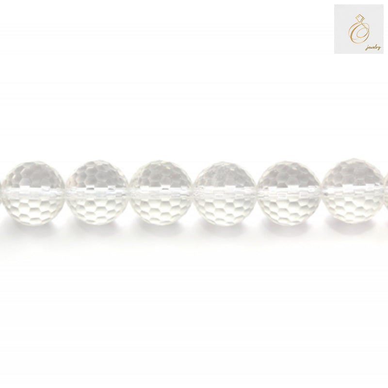 Close-up view of 14mm natural rock crystal beads showing faceted cut and brilliant clarity