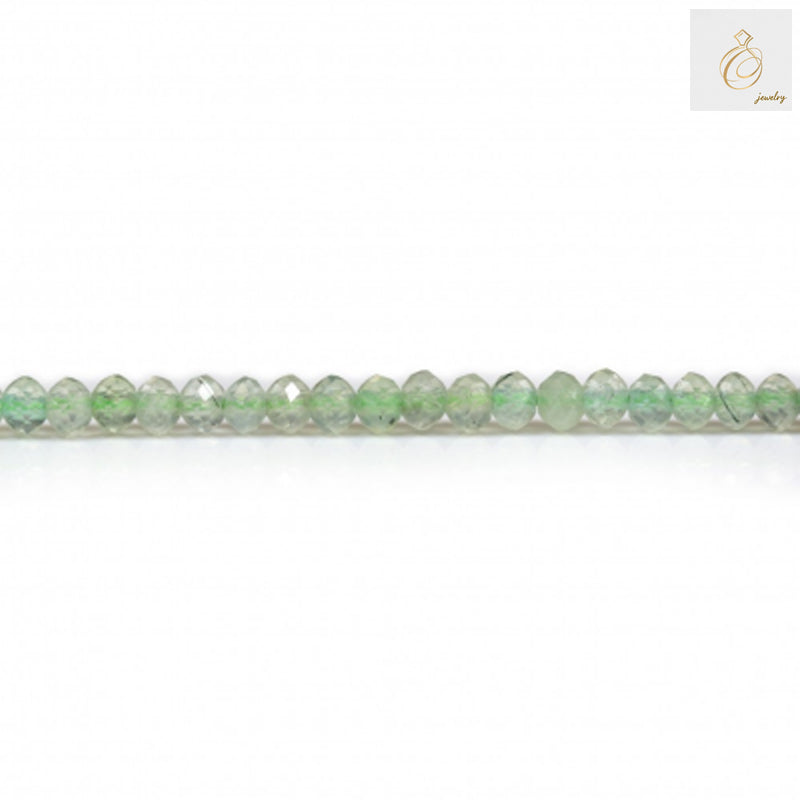 Natural prehnite faceted rondelle beads 2x3mm strand showing soft green translucent gemstonesClose-up view of prehnite beads showing faceted cut and 0.8mm hole size