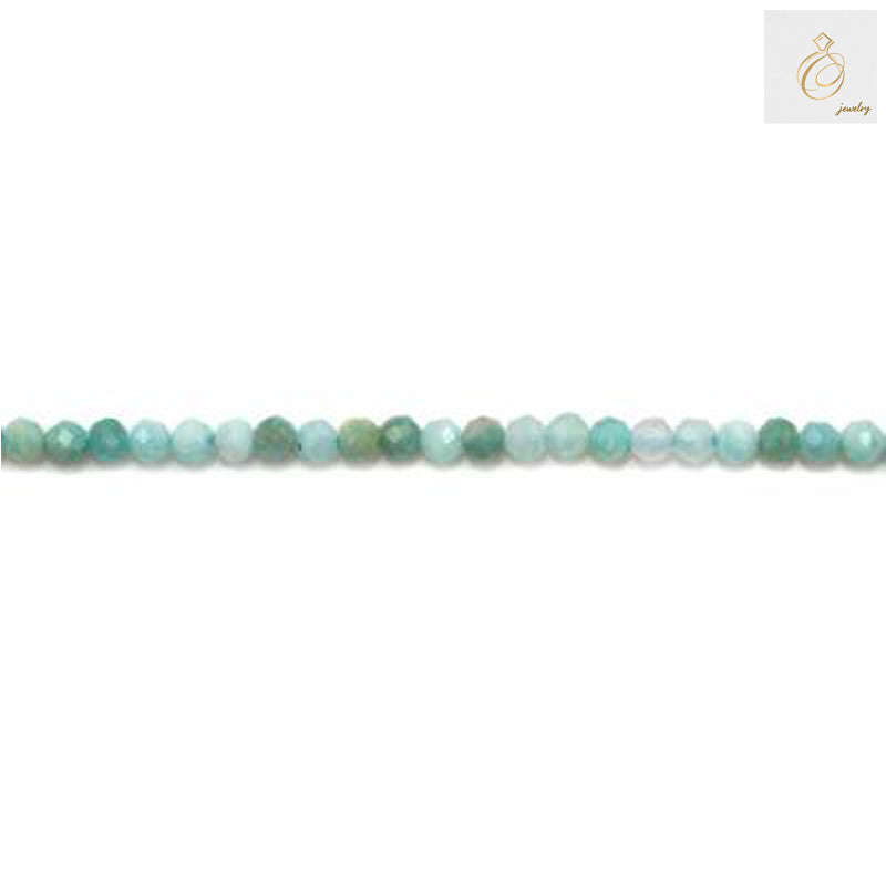 Close-up detail of Peruvian Amazonite faceted round beads showing 2.5mm precision cut facets and natural blue-green color patterns