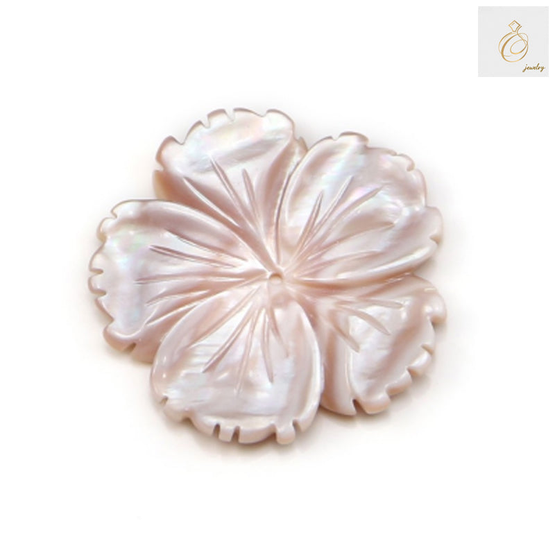 Pink mother-of-pearl flower button, 28mm diameter, showing natural iridescent surface and delicate flower shape design for jewelry making
