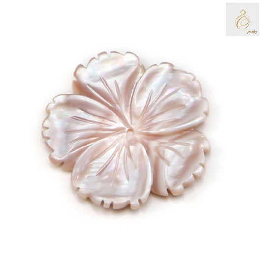 Pink mother-of-pearl flower button, 28mm diameter, showing natural iridescent surface and delicate flower shape design for jewelry making
