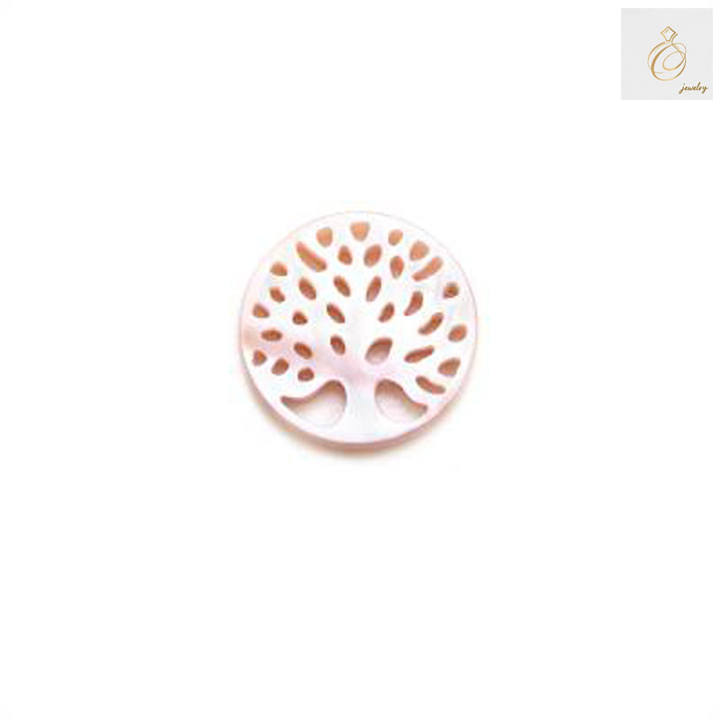 Pink mother of pearl shell charm featuring intricate Tree of Life design, 12mm diameter, perfect for jewelry making and crafts