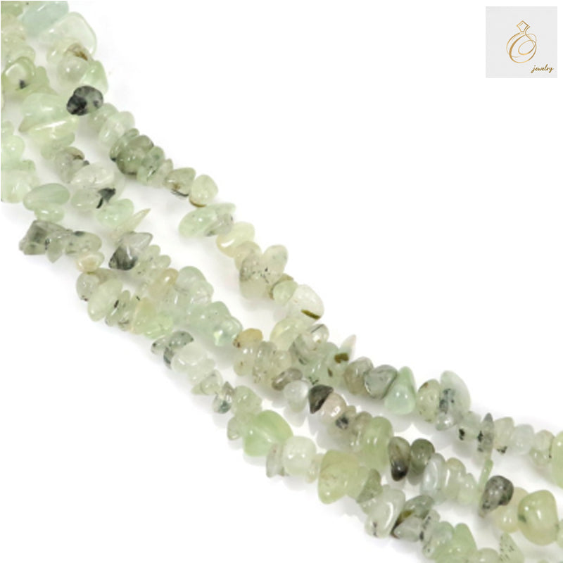 Natural prehnite chip beads strand 78-80cm length for jewelry making"
"Green prehnite gemstone chips on string, natural color variations