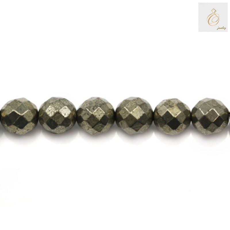 Close-up view of 12mm pyrite gemstone beads displaying natural golden color and precision faceted cuts
