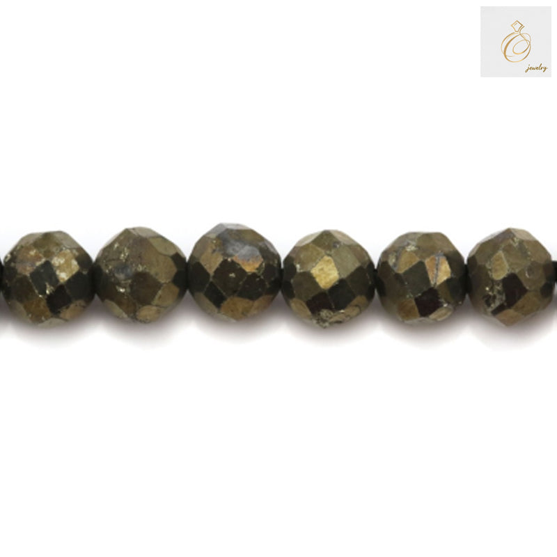 Close-up view of 4mm pyrite gemstone beads displaying natural metallic shine and round faceted shape