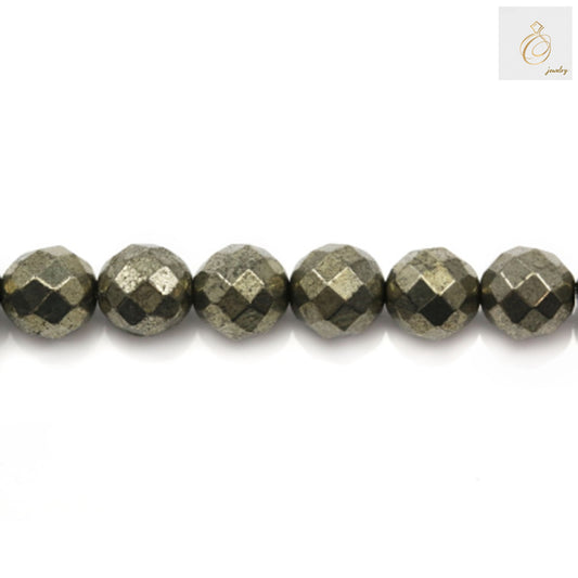 Close-up view of 8mm pyrite beads showing faceted cut and brilliant golden shine, jewelry making supplies