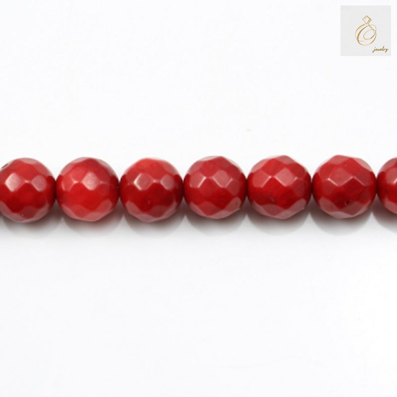 Red sea bamboo coral beads 6mm faceted round strand for jewelry making"
"Vibrant red bamboo coral beads 6mm size arranged on strand"
"Close-up of red sea bamboo coral faceted round beads 6mm diameter