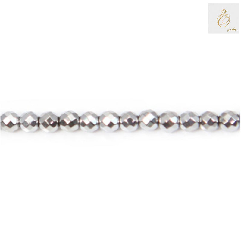 Silver hematite faceted round beads, 3mm diameter with 0.8mm holes, arranged on a 39-40cm strand for jewelry making