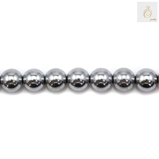Silver hematite round beads 12mm diameter arranged in a strand, showing metallic luster and uniform spherical shape for jewelry making