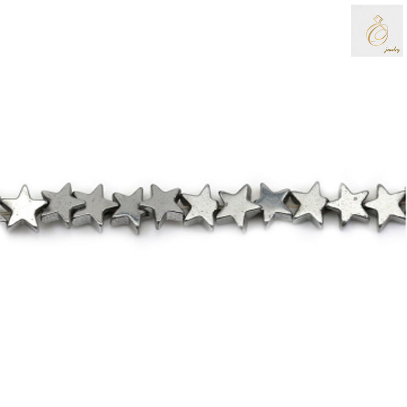 Silver hematite star-shaped beads, 4mm size with 0.8mm holes, arranged on a 39-40cm strand for jewelry making