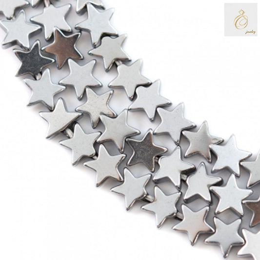 Close-up view of silver hematite star beads strand 39-40cm length with 0.8mm holes