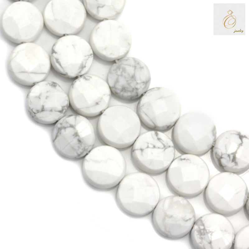 White howlite faceted flat round beads 10mm diameter on 39cm strand for jewelry making"