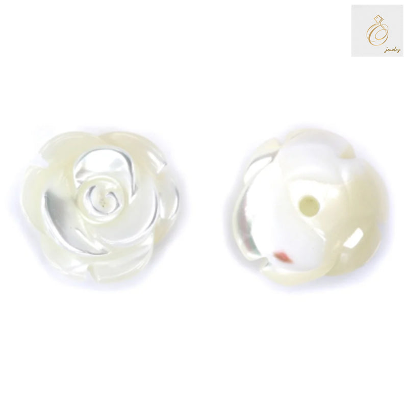 White mother-of-pearl half drilled rose beads, 10mm diameter, set of 2 pieces for jewelry making
