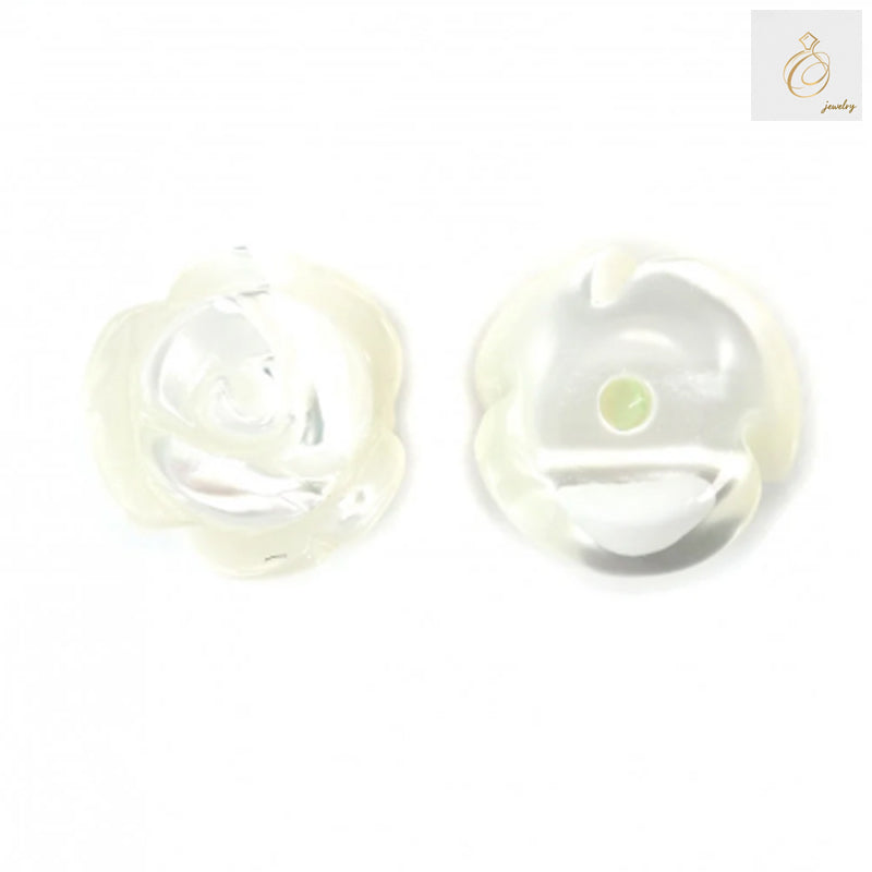 White mother-of-pearl half-drilled rose beads 8mm - close-up view showing lustrous surface and carved rose detail